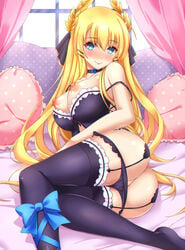 1girls areola ass azur_lane bare_shoulders bed_sheet blonde_hair blue_eyes blue_ribbon blush breasts choker closed_mouth collarbone eyebrows_visible_through_hair female flower garter_straps gatchapowa hair_between_eyes hair_ornament hair_ribbon indoors lace lace-trimmed_legwear large_breasts laurel_crown lingerie long_hair looking_at_viewer lying nipple_slip nipples nose_blush panties panties_around_legs panty_pull pillow purple_choker purple_legwear purple_panties ribbon shiny_skin smile solo strap_slip thighhighs very_long_hair victorious_(azur_lane) window