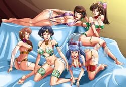 5girls akane_tendo ass bed blue_hair brown_hair bubble_butt cleavage curvy dancer dancer_outfit earrings hairbow harem harem_girl harem_outfit jewelry large_breasts legband light_brown_hair long_hair looking_at_viewer multiple_girls nabiki_tendo nipples_visible_through_clothing on_all_fours ponytail ranma_1/2 shampoo_(ranma_1/2) short_hair slave ukyo_kuonji voluptuous wadevezecha