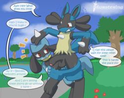 ambiguous_gender anthro assisted_exposure balls clothing dialogue duo embarrassed embarrassed_nude_exposure english_text exposed exposing flower genitals grass hi_res humanoid_genitalia humanoid_penis imminent_sex lucario male male_focus nintendo nude outside pantsing park penis plant pokemon pokemon_(species) public questionable_consent riolu rvlis speech_bubble text tree undressing video_games water