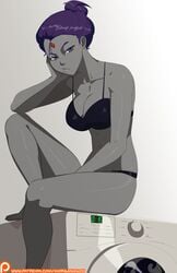 1girls alternate_breast_size big_breasts black_underwear cartoon_network cleavage curvy dc dc_comics female female_only forehead_jewel hair_bun hand_on_head large_breasts laundry laundry_room looking_at_viewer morganagod purple_eyes purple_hair rachel_roth raven_(dc) smooth_skin solo teen_titans underwear voluptuous washing_machine