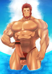 1boy abs bar_censor bara beard boner censored chest erection facial_hair fate/grand_order fate/zero fate_(series) iskandar_(fate) large_penis looking_at_viewer male_focus male_only male_pubic_hair male_swimwear mikura0317 muscle nipples pectorals penis pubic_hair red_eyes red_hair short_hair smile solo swim_briefs swimwear thick_thighs thighs water