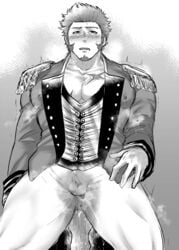 1boy bara blush bulge chest epaulettes facial_hair fate/grand_order fate_(series) fringe_trim fully_clothed goatee greyscale highres katou_ameya little_penis long_sleeves looking_at_viewer male_focus monochrome muscle napoleon_bonaparte_(fate) pants pectorals pee_leak peeing peeing_self penis scar short_hair sideburns solo thick_thighs thighs uniform urine white_pants