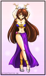 1girls amber_eyes anklet arabian_clothes armband armpits arms_up belly belly_dancer belly_dancer_outfit brown_hair cleavage curvy dancer dancer_outfit dancing darkvanessa darkvanessalust female female_only femsub hairbow happy_sub harem_outfit high_heels large_breasts loincloth long_hair navel ranma_1/2 slave slave_outfit slavegirl smile solo submissive submissive_female ukyo_kuonji voluptuous