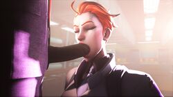 1boy 1girls 3d akatomasu big_penis closed_eyes clothed clothing dark-skinned_male female ginger interracial labcoat light-skinned_female male moira necktie oral oral_sex orange_hair overwatch penis red_hair scientist_moira short_hair