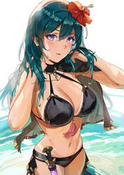 1girls bangs belt bikini black_bikini black_capelet blue_hair blush breasts byleth_(fire_emblem) byleth_(fire_emblem)_(female) byleth_(summer)_(fire_emblem)_(female) capelet cleavage collarbone dagger female female_only fire_emblem fire_emblem:_three_houses fire_emblem_heroes flower flower_in_hair hair_between_eyes hair_flower hair_ornament highres large_breasts long_hair looking_at_viewer navel nintendo ormille parted_lips purple_eyes red_flower solo swimsuit tanline teal_hair thighs wading weapon wet