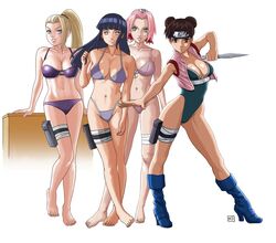 4girls alternate_costume arm_support axfa barefoot bikini blonde_hair blue_boots blue_eyes boots breasts brown_eyes cleavage desk double_bun female female_only fighting_stance footwear forehead_protector green_eyes heels high_heel_boots holding_object holding_weapon hyuuga_hinata hyuuga_hinata(shippuden) ino_yamanaka ino_yamanaka(shippuden) kunai looking_at_viewer multiple_females multiple_girls naruto naruto_(series) naruto_shippuden pink_hair ponytail purple_hair ryuken01 sakura_haruno sakura_haruno(shippuden) simple_background smile swimsuit tenten tenten(shippuden) tied_hair vest violet_eyes weapon white_background