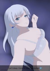 ass ass_cleavage bed blue_eyes bra breasts butt_crack cleavage earrings lingerie long_hair looking_at_viewer necromalock nipple_slip rwby selfie teasing weiss_schnee white_hair