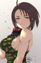 akira_kazama breasts brown_eyes brown_hair camouflage_tank_top clothing commentary_request female gloves gradient gradient_background green_tank_top grey_background highres justice_gakuen large_breasts light_smile looking_at_viewer medium_breasts murata_tefu rival_schools short_hair sideboob smile solo street_fighter street_fighter_v tank_top upper_body