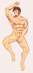 1boy abs bara blue_eyes blush brown_hair chest covering covering_crotch facial_hair fate/grand_order fate_(series) goatee highres jacket looking_at_viewer male_focus male_only male_pubic_hair muscle napoleon_bonaparte_(fate) nipples nude pectorals penis_peek pubic_hair saru_se~tsumane scar sideburns simple_background smile uncensored