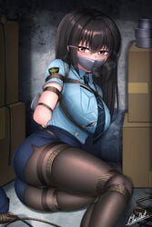 1girls big_breasts black_hair bondage bound captured defeated female_only femsub gag helpless imminent_rape leggings original_character plusout police police_uniform policewoman rape rope rope_bondage scared shibari_over_clothes tape tape_gag tied_up