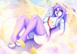 anthro areola bambolbi blue_areola blue_eyes blue_hair blue_nipples blue_pussy breasts clothing digital_media_(artwork) ear_piercing eyelashes feathered_wings feathers female genitals gradient_hair hair halo hi_res hindpaw holding_arrow legwear looking_at_viewer lying mammal nipples on_back paws piercing purple_clothing purple_hair purple_legwear pussy shaded solo taigas_(constantius) wings