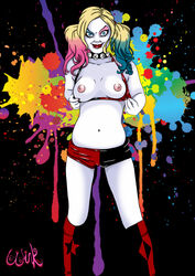 1girls areolae batman_(series) blue_eyes blue_hair booty_shorts breasts cameltoe crazy_eyes dc dc_comics exposed_breasts female female_only flashing_breasts harley_quinn harley_quinn_(series) medium_breasts nipples paint painted_nails pink_hair ponytail shorts smile solo splash thewink