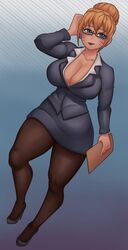 1girls big_breasts blonde_hair blue_eyes blue_skirt breasts business_suit canon_genderswap curvy_figure female female_only fully_clothed glasses huge_breasts large_breasts light-skinned_female light_skin lipstick miniskirt naruko naruto naruto_(series) office_lady pale-skinned_female pale_skin pantyhose pencil_skirt rule_63 shykactus skirt skirt_suit solo thick_thighs tight_skirt uzumaki_naruto whisker_markings wide_hips