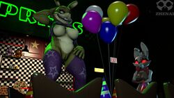 2020 2_girls 3d balloons costume female female_only five_nights_at_freddy's five_nights_at_freddy's:_help_wanted five_nights_at_freddy's:_security_breach furry glitchtrap glowing_eyes hand_over_head laughing malhare mistress_and_slave purple_eyes red_eyes romantic rule_63 vanny vanny_(fnaf) wholesome yuri zhenai