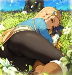 1girls ass big_ass blonde_hair breath_of_the_wild cameltoe clothed day detailed_background elf_ears female female_only flowers green_eyes letdie1414 looking_at_viewer looking_back nature nintendo pointy_ears princess_zelda solo the_legend_of_zelda tight_clothing tree zelda_(breath_of_the_wild)