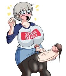 1futa balls big_balls big_breasts big_penis blue_eyes blush clothed clothing diabolussex erection futanari grey_hair huge_balls huge_cock large_penis leggings mostly_clothed pale-skinned_futanari pale_skin ripped_leggings short_hair solo_futa storyman surprised torn_clothes torn_clothing uzaki-chan_wa_asobitai! uzaki_hana veiny_penis wardrobe_malfunction white_background