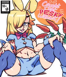 blonde_hair blue_eyes bowtie bulge bunny_boy bunny_ears carrot doujinshi_cover erection erection_under_clothes femboy freckles girly hair_over_one_eye highres humanoid legwear lipstick long_hair male_only pink_nail_polish rabbit rabbit_humanoid shorts solo speedosausage trap wrist_cuffs