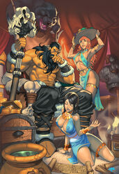 1boy 2girls arabian_clothes armor barbarian belly_chain black_eyes black_hair bracelet chuck_pires cleavage closed_eyes contemplating curvy green_eyes harem harem_outfit holding_object_above_head huge_breasts large_breasts loincloth muscular_male nipples_visible_through_clothing orange_hair original original_characters scar serving_tray slave stuffed_animal tanned_skin transparent_clothing voluptuous