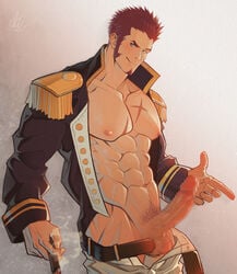 1boy abs bara belt blue_eyes blush brown_hair censored chest cigar collar deadbeatincubus epaulettes erection facial_hair fate/grand_order fate_(series) fringe_trim goatee highres jacket long_sleeves looking_at_viewer male_focus male_pubic_hair military mosaic_censoring muscle napoleon_bonaparte_(fate) open_clothes open_jacket open_shirt pants pectorals penis pubic_hair scar sideburns simple_background smile solo testicles unbuttoned uniform