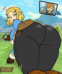 1boy ?! ass ass_focus belt big_ass big_butt blonde_hair blue_eyes bottom_heavy breath_of_the_wild bubble_ass bubble_butt butt_focus dat_ass female fingerless_gloves footwear frog fully_clothed handwear heart hot-footed_frog huge_ass hylian large_ass leggings link link_(breath_of_the_wild) male nintendo nosebleed pale-skinned_female pale_skin pants pointed_ears pointy_ears princess_zelda short_hair silenttandem tears_of_the_kingdom the_legend_of_zelda thick_ass thick_thighs thighs tight_clothing tight_pants zelda_(tears_of_the_kingdom)