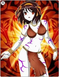 bodypaint bracelet brown_eyes brown_hair erect_nipples loincloth medium_breasts mind_control netspike slave suzumiya_haruhi suzumiya_haruhi_no_yuuutsu