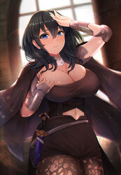 1girls arm_guards armor bangs black_cape black_shorts blue_eyes blue_hair blush breasts byleth_(fire_emblem) byleth_(fire_emblem)_(female) cape cleavage clothed_female cowboy_shot elbow_pads eyebrows_visible_through_hair female female_focus female_only fire_emblem fire_emblem:_three_houses fou_zi hair_ornament hand_up highres huge_breasts indoors large_breasts light_particles long_hair looking_at_viewer navel navel_cutout nintendo paintcan pantyhose revision sheath sheathed short_hair shorts sidelocks skindentation smile solo teal_hair