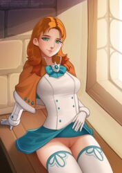 1girls annette_fantine_dominic bare_thighs breasts clothed_female deilan12 dress_lift female female_focus female_only fire_emblem fire_emblem:_three_houses flashing green_eyes innie_pussy large_breasts lifted_by_self lips long_hair medium_hair nintendo orange_hair post-timeskip presenting presenting_pussy pussy skirt_lift smile solo solo_focus thighs