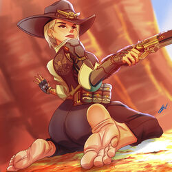 2d ashe_(overwatch) ass barefoot blizzard_entertainment butt clothing cowboy_hat feet female fingerless_gloves foot_fetish gloves gun handwear hat headgear headwear looking_back mole_under_eye overwatch ranged_weapon red_eyes scamwich soles solo tagme toes weapon white_hair