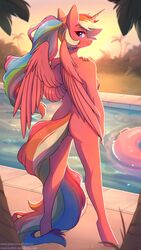 2020 absurd_res alicorn anthro breasts detailed_background digital_media_(artwork) equid eyebrows fan_character feathered_wings feathers female fensu-san fingers genitals hasbro hi_res horn looking_at_viewer mammal my_little_pony nipples nude outside poolside pussy smile solo text url water wings