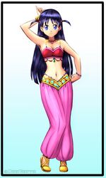 1girls belly belly_dancer belly_dancer_outfit black_hair blue_eyes cleavage dancing darkvanessa darkvanessalust female female_only harem_girl harem_outfit harem_pants hourglass_figure jewelry long_hair medium_breasts midriff navel school_rumble shoes solo tsukamoto_tenma