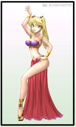 1girls amber_eyes bare_shoulders belly belly_dancer belly_dancer_outfit blonde_hair bracelet cleavage curvy dancer dancer_outfit dancing darkvanessa darkvanessalust female female_only harem_girl harem_outfit large_breasts long_legs looking_at_viewer midriff navel sarong sawachika_eri school_rumble solo strapless strapless_bra twintails voluptuous