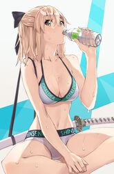 1girls bangs bare_legs bare_shoulders black_bow blonde_hair bottle bow drinking eyebrows_visible_through_hair fate/grand_order fate_(series) female green_eyes hair_between_eyes head_up legs_folded looking_at_viewer okita_souji_(fate)_(all) sitting sports_bra sportswear sweat wet yahako