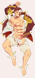 1boy abs bara blue_eyes blush brown_hair chest epaulettes erection facial_hair fate/grand_order fate_(series) flower fringe_trim goatee hair_flower hair_ornament highres jacket long_sleeves looking_at_viewer male_focus male_only male_pubic_hair military military_uniform muscle napoleon_bonaparte_(fate) nipples open_clothes open_jacket open_shirt pectorals penis pubic_hair saru_se~tsumane scar sideburns smile unbuttoned uncensored uniform