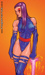 abs arm_strap betsy_braddock blue_arm_strap blue_elbow_gloves blue_thigh_strap blue_thighhighs blue_thong_leotard elbow_gloves elizabeth_braddock female homo_superior kwannon light-skinned_female light_skin long_hair marvel muscular_female muscular_shoulders mutant ninja orange_background pink_energy psylocke purple_hair red_belt red_tattoo roger_cruz solo solo_female standing tattoo tattoo_on_face thigh_strap thighhighs tight_clothing toned toned_female x-men