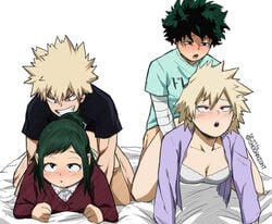 2boys 2girls alpha_male alternate_version_available ambiguous_penetration bed beige_hair big_breasts blush cleavage clothed clothed_sex clothing color doggy_style female freckles from_behind green_hair hair_bun human human_only inko_midoriya izuku_midoriya katsuki_bakugou looking_pleasured male mature mature_female milf mitsuki_bakugou mom_swap mother mother_and_son mother_swapping my_hero_academia pleasure_face red_eyes sex shoganight short_hair smile straight swingers