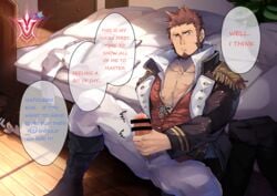 1boy abs absurdres alu379 bar_censor bara beard bed boots censored chaldea_uniform chest commentary_request english_text epaulettes erection facial_hair fate/grand_order fate_(series) fujimaru_ritsuka_(male) highres jacking_off jerking jerkingoff male_focus male_masturbation male_only masturbation muscle napoleon_bonaparte_(fate) pants pectorals penis penis_out penis_through_fly precum precum_drip ranguage saint_quartz scar smile spread_legs stroking stroking_cock stroking_penis stuffed_toy teeth testicles_under_clothes