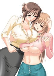 2girls areola_slip areolae beauty_mark belly_button big_breasts blouse blue_jeans blush breast_grab breasts brown_eyes brown_hair choker cleavage collar collarbone contrapposto covered_erect_nipples cropped_shirt curvy denim denim_jeans erect_nipples eyelashes eyeliner family female female_focus female_only formal fusano_fumie fusano_tomoka hand_in_another's_hair hand_on_another's_head hi_res highres hourglass_figure hug huge_breasts huge_nipples jeans jewelry lipstick long_hair looking_at_another makeup matching_hair/eyes milk_junkies_2 mole mole_on_breast multiple_girls nail_polish navel necklace nipple_poke nipple_press nipples nipples_bulge nipples_visible_through_clothing no_bra open_clothes pants parted_lips pen pink_shirt plain_background pointer shirt short_hair siblings simple_background sisters skirt slender_waist smile star_(symbol) star_choker star_necklace tatsunami_youtoku teacher underboob white_background wide_hips yellow_shirt yuri