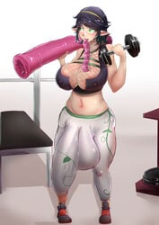 1futa balls big_breasts black_hair breasts bulge bulge_through_clothing clothed clothing condom condom_in_mouth condom_wrapper elf exercise futa_only futanari green_eyes green_hair gym huge_balls huge_cock humanoid humanoid_penis hyper_balls hyper_penis light-skinned_futanari light_skin long_ears mostly_clothed pale_skin penetrable_sex_toy penis penis_bulge penis_under_clothes penis_under_leggings precum precum_drip sex_toy shiroihagane solo standing thalia_(lolbamf) weightlifting