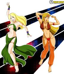 2girls abs ankle_rings armband barefoot belly_dancer belly_dancer_outfit blonde_hair blue_eyes bracelet dancer dancer_outfit dancing dawn_(tdi) erect_nipples fingerless_gloves green_eyes harem harem_girl harem_outfit harem_pants large_breasts lindsay_(tdi) medium_breasts mind_control navel necklace netspike sarong slave slave_outfit slavegirl total_drama:_revenge_of_the_island total_drama_island wrist_rings