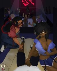 1boy 2girls big_breasts big_penis black_hair booty_shorts dark-skinned_female dark-skinned_male dark_skin first_person_view glasses imminent_sex looking_at_penis looking_at_viewer nessova_(only0neman) nightclub only0neman penis_awe penis_grab penis_out precum presenting_breasts public public_exposure short_shorts tagme tail thick_penis thick_thighs touching_penis