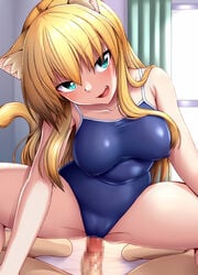 1boy :d animal_ears ass bangs blonde_hair blue_eyes blue_swimsuit breasts cameltoe cat_ears cat_girl cat_tail censored commentary_request covered_nipples cowgirl_position eyebrows_visible_through_hair female highres long_hair looking_at_viewer lying mosaic_censoring nokoppa oerba_yun_fang on_back one-piece_swimsuit open_mouth original penis pov school_swimsuit smile spread_legs straddling swimsuit tail