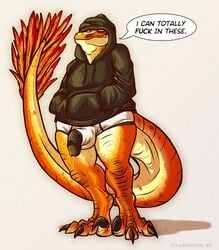 anthro big_tail black_penis bodily_fluids bottomless briefs bulge claws clothed clothing costume dialogue dinosaur dromaeosaurid feathers feet genital_fluids genitals hi_res hoodie larathen larathen_(character) lizard male overweight penis precum reptile scalie slightly_chubby tail_feathers theropod topwear underwear