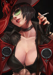 1girls abs absurdres black_choker black_hair black_shirt blue_eyes bob_cut breasts choker cigarette collared_shirt cropped_shirt english_commentary female fingernails green-tinted_eyewear guilty_gear guilty_gear_strive hat head_tilt heterochromia highres holding holding_cigarette i-no jacket large_breasts lips lipstick makeup midriff mole mole_above_mouth monorirogue nose open_clothes open_jacket partially_unbuttoned red_eyes red_headwear red_nails rimless_eyewear shirt short_hair smoking solo sunglasses tinted_eyewear witch_hat