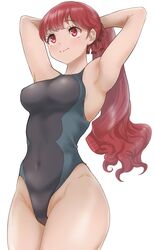 1girls armpits arms_up bangs breasts covered_navel cowboy_shot eyebrows_visible_through_hair female from_below hair_ribbon highleg_swimsuit highres kasumi_yoshizawa kurosususu long_hair long_red_hair medium_breasts one-piece_swimsuit persona persona_5 persona_5_royal ponytail red_eyes red_hair red_ponytail red_ribbon ribbon smile solo solo_female standing sumire_yoshizawa swimsuit tied_hair white_background