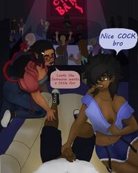 1boy 2girls big_breasts big_penis black_hair booty_shorts dark-skinned_female dark-skinned_male dark_skin english english_text first_person_view glasses imminent_sex looking_at_penis looking_at_viewer meme nessova_(only0neman) nightclub only0neman penis_awe penis_grab penis_out precum presenting_breasts public public_exposure short_shorts tagme tail text thick_penis thick_thighs touching_penis