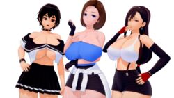 3d 3girls bare_legs bare_shoulders big_breasts black_fingernails black_gloves black_hair black_lips black_skirt blue_eyes breasts brown_hair cardigan_around_waist cleavage collar compression_sleeve earrings erect_nipples erect_nipples_under_clothes female female_only final_fantasy final_fantasy_vii fingerless_gloves gloves goth hand_on_chin hand_on_hip huge_breasts human jill_valentine jill_valentine_(sasha_zotova) koikatsu large_breasts leather_skirt looking_at_viewer midriff midriff_baring_shirt miniskirt naomi_(takeo92) necklace panties patreon ponytail pose posing punk red_eyes red_gloves resident_evil resident_evil_3 revealing_clothes school_uniform short_hair short_skirt simple_background skirt smile smiling smug standing suspenders takeo92 tank_top text tifa_lockhart tight_clothing tubetop weapon white_cardigan white_panties white_top wide_hips wristband