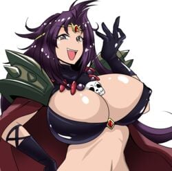 1girls big_breasts bikini_armor blue_eyes bone_necklace breasts circlet cleavage female female_only huge_breasts human large_breasts long_hair looking_at_viewer naga_the_serpent open_mouth pale-skinned_female pale_skin purple_hair skimpy_clothes slayers smiling solo sorceress