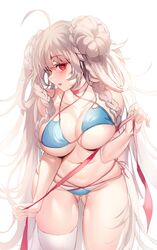 :d ahoge alternate_costume azur_lane bangs bikini blue_bikini blush braid braided_bun breast_lift breasts choker cleavage double_bun eyebrows_visible_through_hair female formidable_(azur_lane) formidable_(the_lady_of_the_beach)_(azur_lane) large_breasts long_hair looking_at_viewer navel open_mouth red_eyes sidelocks single_thighhigh skindentation smile solo swimsuit thighhighs thighs very_long_hair white_hair zerocat