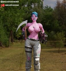 1girls 3d big_breasts breadpudding69 fortnite ghoul_trooper gun halloween partially_clothed pink_skin tagme topless