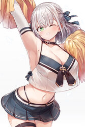 1girls 2021 alternate_costume arm_up armpits blue_ribbon blue_skirt breasts brown_choker cheerleader cheerleader_uniform choker clenched_teeth crop_top crop_top_overhang female female_focus female_only green_eyes hair_ribbon highres hololive hololive_fantasy hololive_japan large_breasts light-skinned_female light_skin looking_at_viewer mole mole_on_breast mou_tama_maru navel one_eye_closed parted_lips pom_pom_(cheerleading) ribbon shirogane_noel short_hair simple_background skirt smile solo sweat teeth virtual_youtuber white_background white_hair